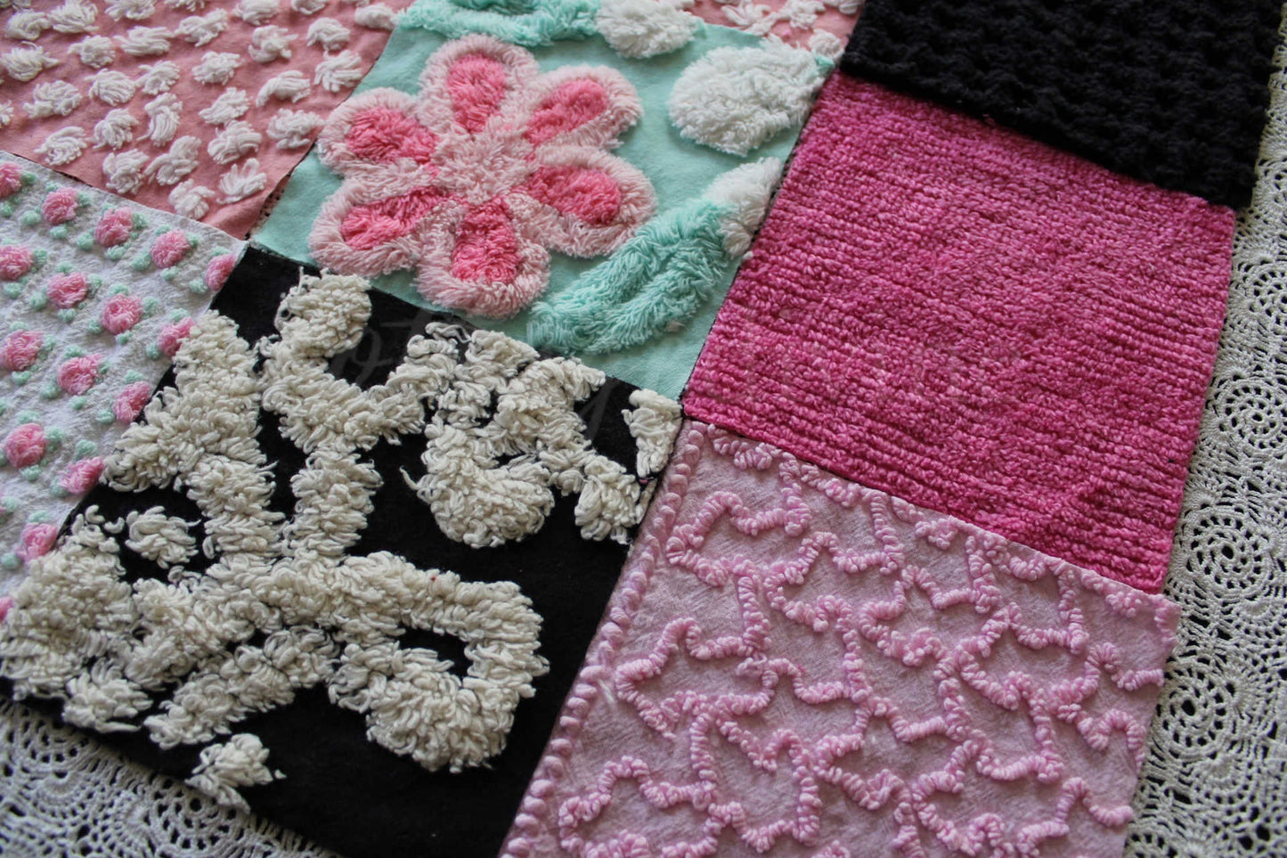 Romantic Pink Chenille Quilt Squares Set from Vintage Bedspread Fabric, 16 Blocks, 6" x 6" inch in Aqua, Pinks & Black