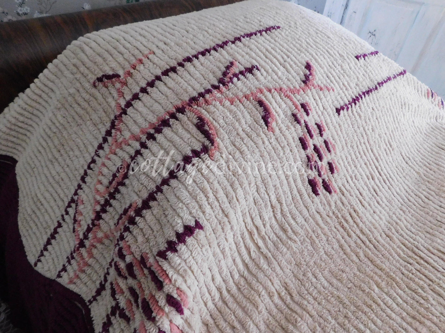 Antique Art Deco Chenille Bedspread, 1930s Vintage Cattail Print, Twin Size