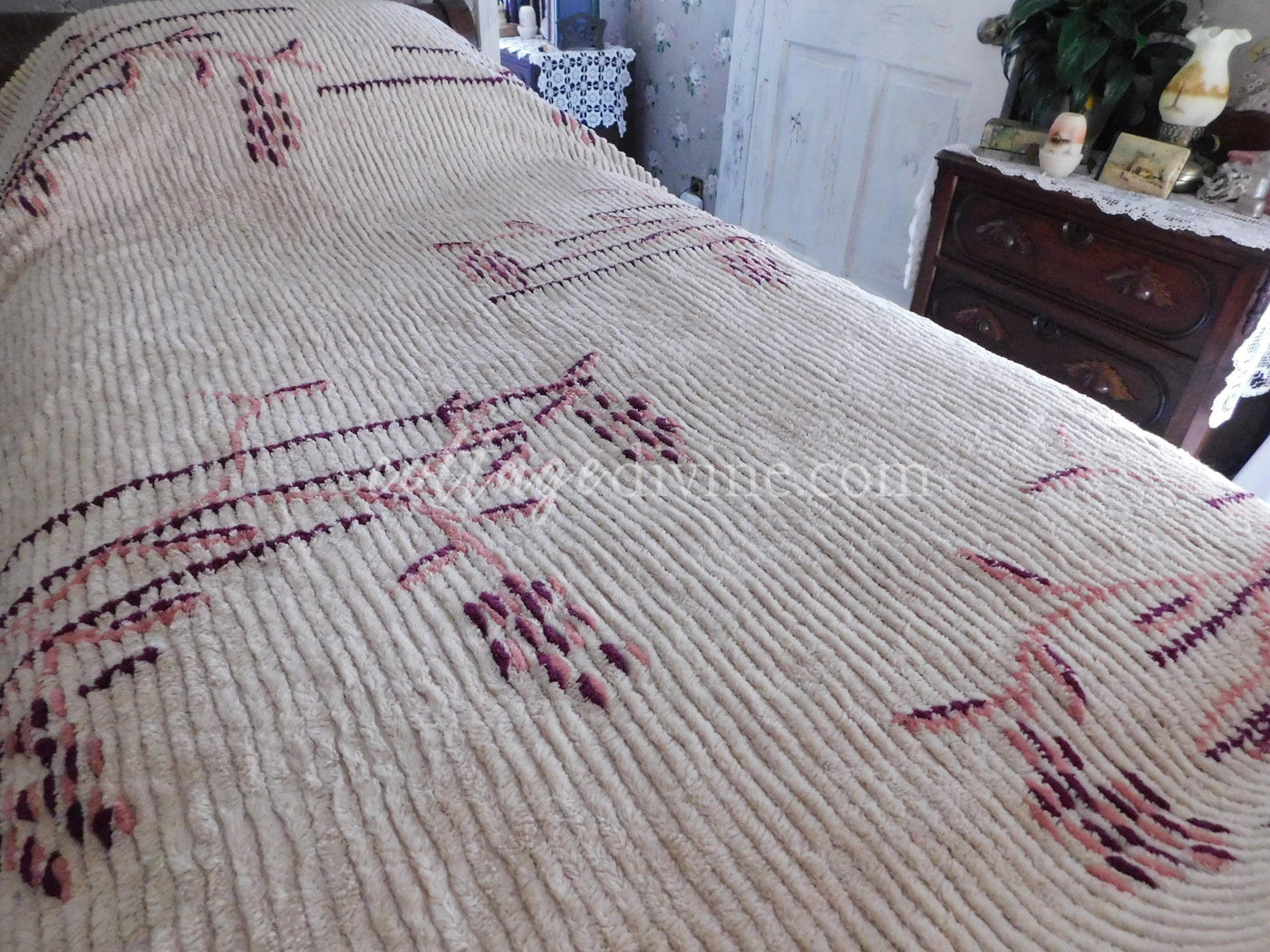 Antique Art Deco Chenille Bedspread, 1930s Vintage Cattail Print, Twin Size