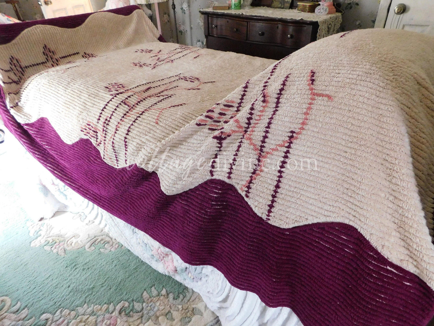 Antique Art Deco Chenille Bedspread, 1930s Vintage Cattail Print, Twin Size