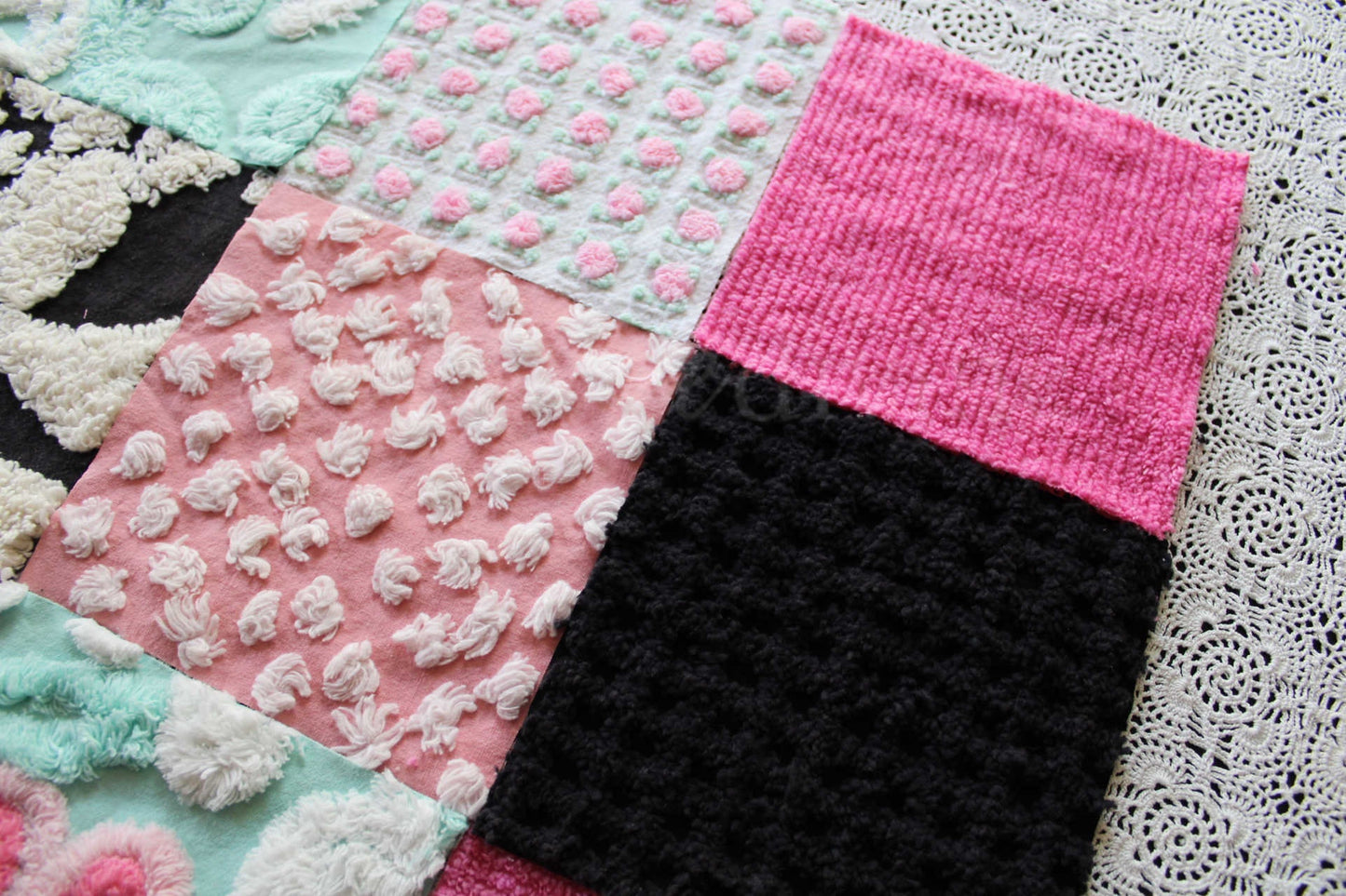 Romantic Pink Chenille Quilt Squares Set from Vintage Bedspread Fabric, 16 Blocks, 6" x 6" inch in Aqua, Pinks & Black