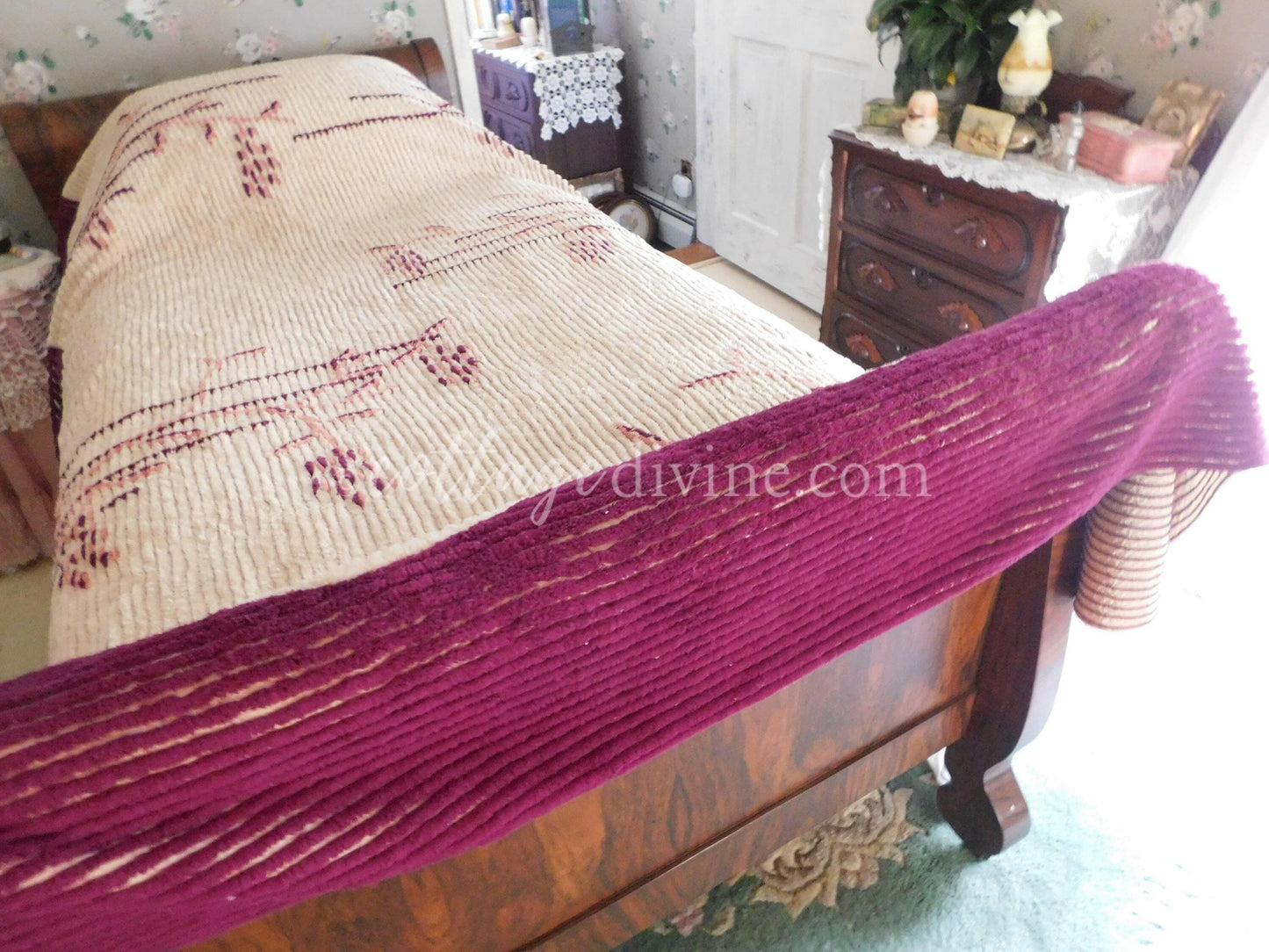 Antique Art Deco Chenille Bedspread, 1930s Vintage Cattail Print, Twin Size