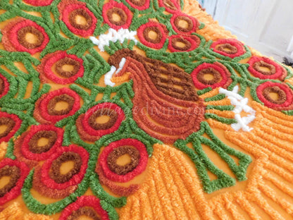 Eyepopping Tango Peacock Vintage Chenille Bedspread, Fitted Full Size with Skirt