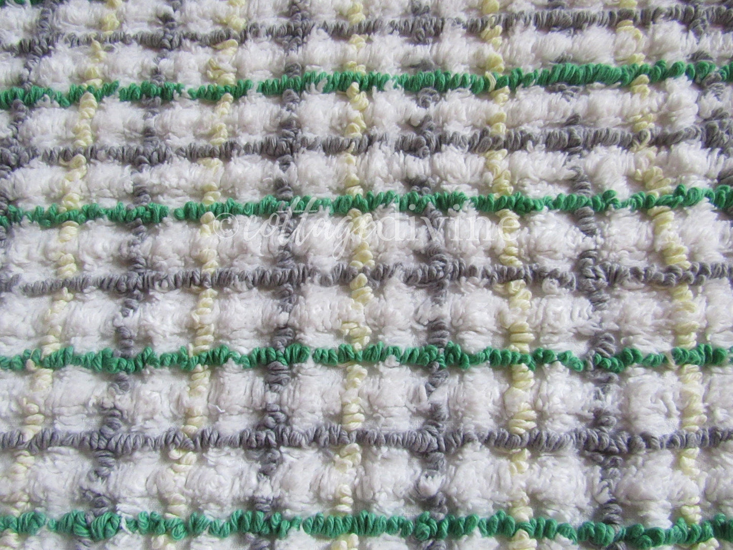 Cozy Plaid Vintage Chenille Fabric in Rustic Grey, Green, Yellow ~ 20" x 24" inch piece for Quilting & Sewing