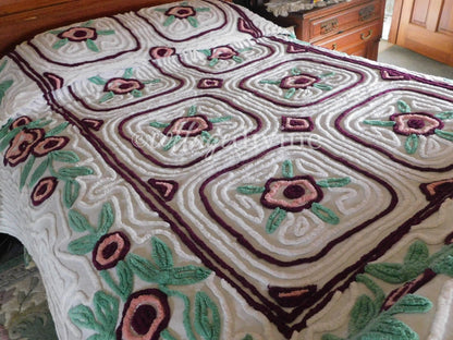 Shabby Chic Chenille Bedspread, Vintage Mauve Rose Floral on White Cotton, Full Size Cottage Bedding