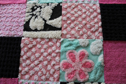 Romantic Pink Chenille Quilt Squares Set from Vintage Bedspread Fabric, 16 Blocks, 6" x 6" inch in Aqua, Pinks & Black