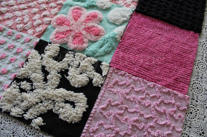 Romantic Pink Chenille Quilt Squares Set from Vintage Bedspread Fabric, 16 Blocks, 6" x 6" inch in Aqua, Pinks & Black