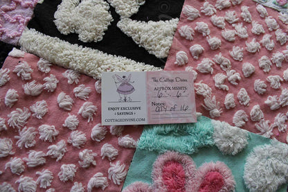 Romantic Pink Chenille Quilt Squares Set from Vintage Bedspread Fabric, 16 Blocks, 6" x 6" inch in Aqua, Pinks & Black