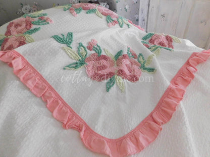 Divine Cottage Vintage Seersucker Ruffled Bedspread, Tufted with Chenille Rose Blooms, Twin/Full Size