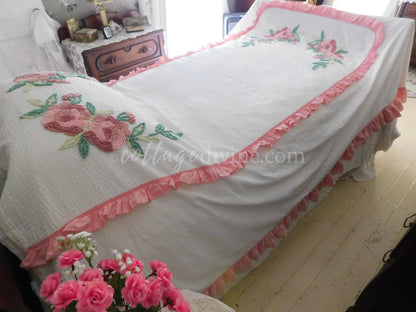 Divine Cottage Vintage Seersucker Ruffled Bedspread, Tufted with Chenille Rose Blooms, Twin/Full Size