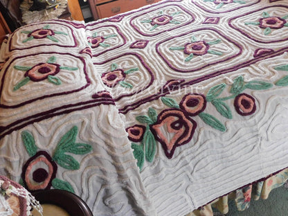 Shabby Chic Chenille Bedspread, Vintage Mauve Rose Floral on White Cotton, Full Size Cottage Bedding