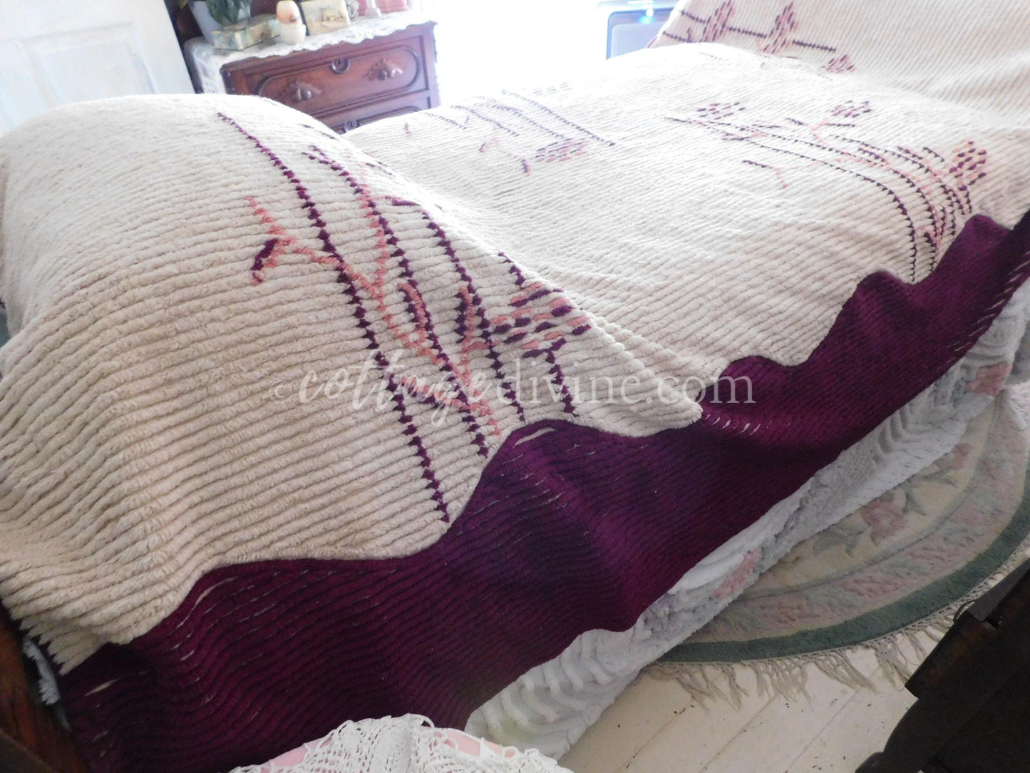 Antique Art Deco Chenille Bedspread, 1930s Vintage Cattail Print, Twin Size