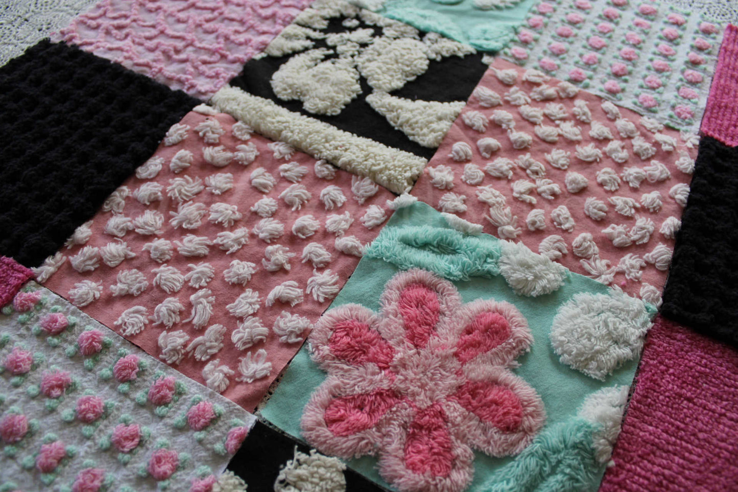 Romantic Pink Chenille Quilt Squares Set from Vintage Bedspread Fabric, 16 Blocks, 6" x 6" inch in Aqua, Pinks & Black