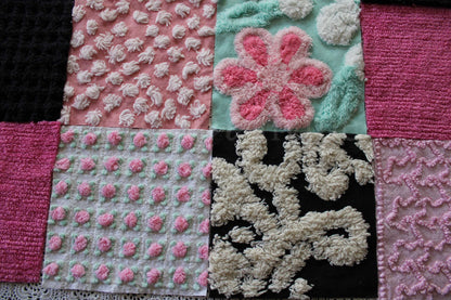 Romantic Pink Chenille Quilt Squares Set from Vintage Bedspread Fabric, 16 Blocks, 6" x 6" inch in Aqua, Pinks & Black