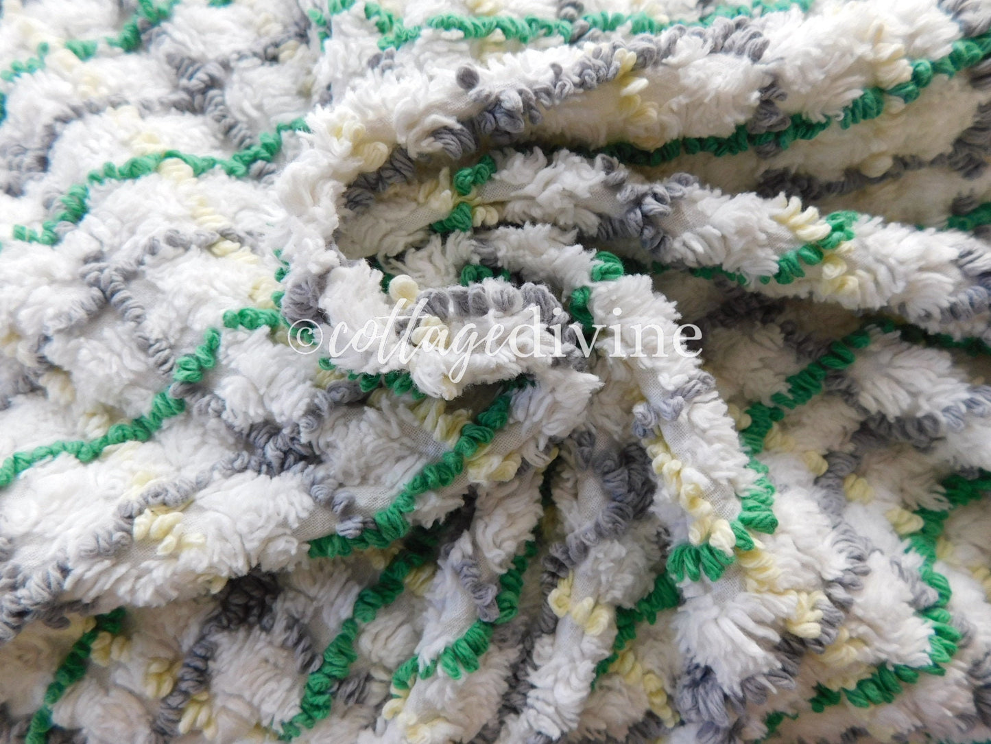 Cozy Plaid Vintage Chenille Fabric in Rustic Grey, Green, Yellow ~ 20" x 24" inch piece for Quilting & Sewing