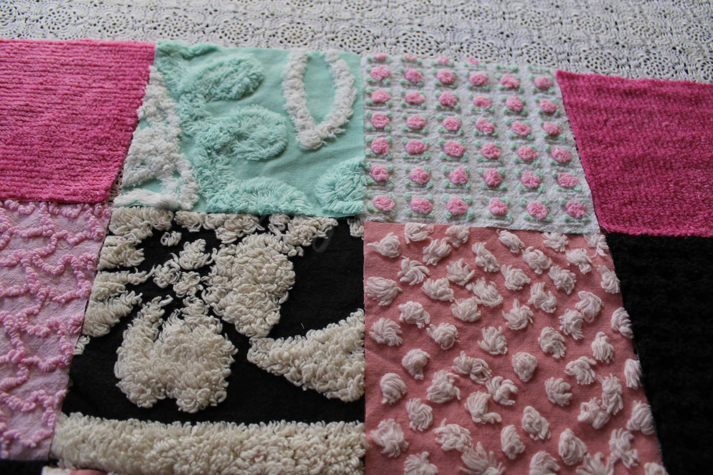 Romantic Pink Chenille Quilt Squares Set from Vintage Bedspread Fabric, 16 Blocks, 6" x 6" inch in Aqua, Pinks & Black