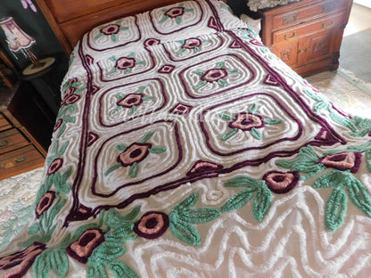 Shabby Chic Chenille Bedspread, Vintage Mauve Rose Floral on White Cotton, Full Size Cottage Bedding