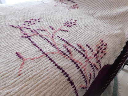 Antique Art Deco Chenille Bedspread, 1930s Vintage Cattail Print, Twin Size