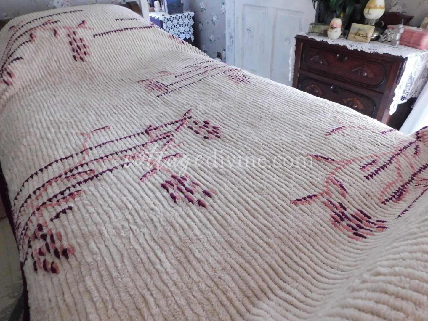 Antique Art Deco Chenille Bedspread, 1930s Vintage Cattail Print, Twin Size
