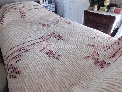 Antique Art Deco Chenille Bedspread, 1930s Vintage Cattail Print, Twin Size