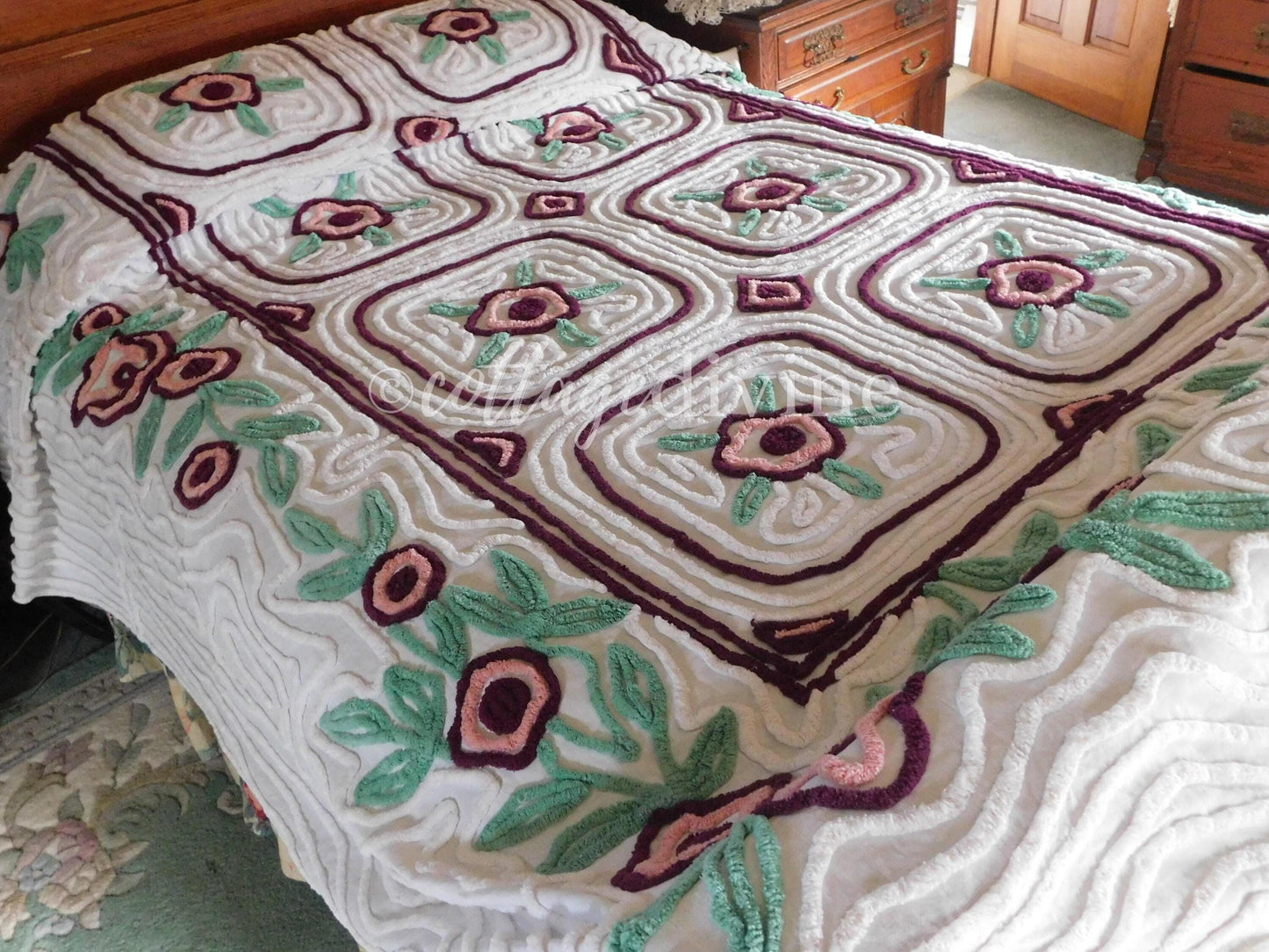 Shabby Chic Chenille Bedspread, Vintage Mauve Rose Floral on White Cotton, Full Size Cottage Bedding