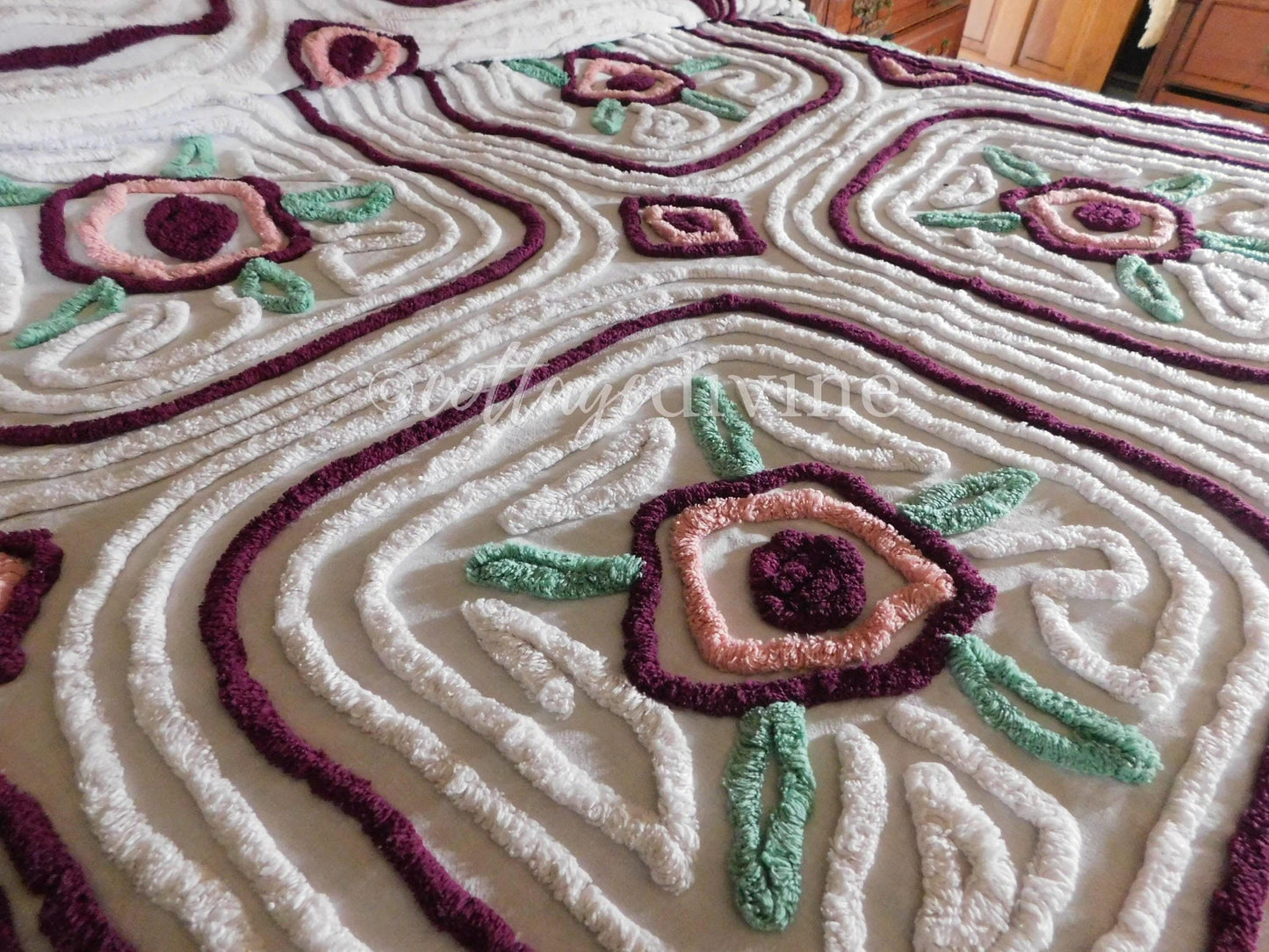 Shabby Chic Chenille Bedspread, Vintage Mauve Rose Floral on White Cotton, Full Size Cottage Bedding