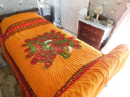 Eyepopping Tango Peacock Vintage Chenille Bedspread, Fitted Full Size with Skirt