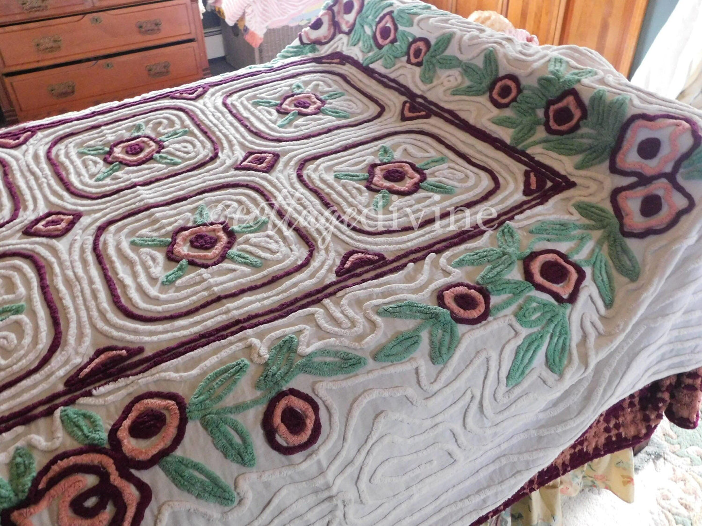 Shabby Chic Chenille Bedspread, Vintage Mauve Rose Floral on White Cotton, Full Size Cottage Bedding