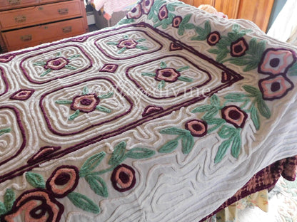 Shabby Chic Chenille Bedspread, Vintage Mauve Rose Floral on White Cotton, Full Size Cottage Bedding