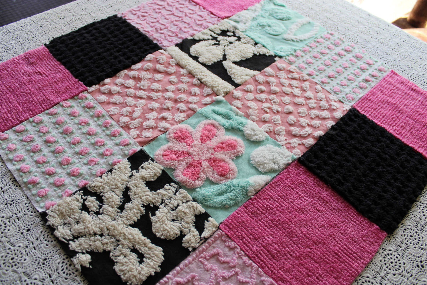 Romantic Pink Chenille Quilt Squares Set from Vintage Bedspread Fabric, 16 Blocks, 6" x 6" inch in Aqua, Pinks & Black