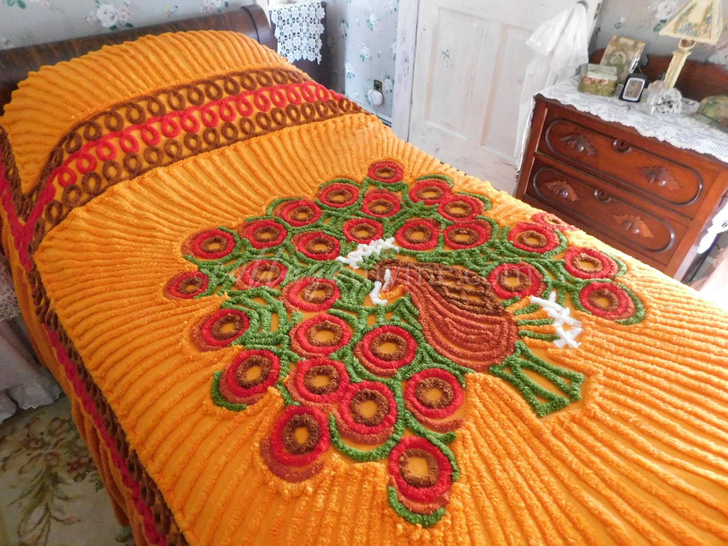 Eyepopping Tango Peacock Vintage Chenille Bedspread, Fitted Full Size with Skirt