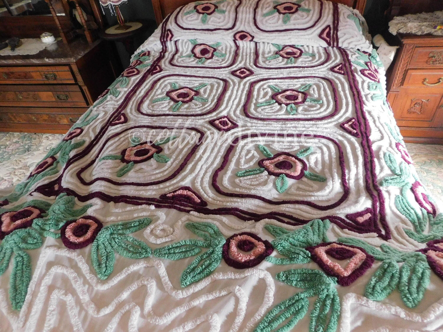 Shabby Chic Chenille Bedspread, Vintage Mauve Rose Floral on White Cotton, Full Size Cottage Bedding