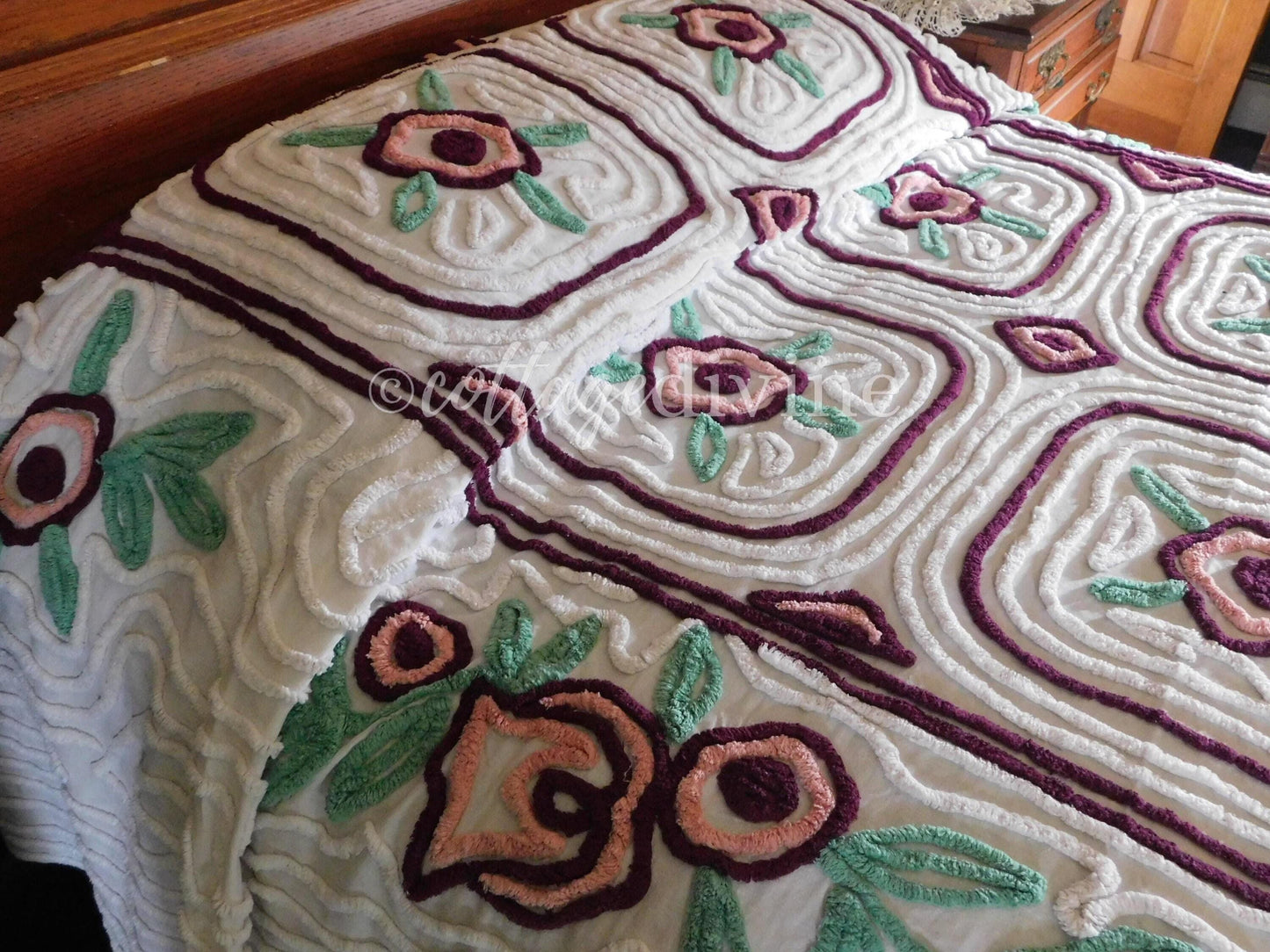 Shabby Chic Chenille Bedspread, Vintage Mauve Rose Floral on White Cotton, Full Size Cottage Bedding
