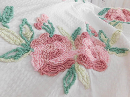 Divine Cottage Vintage Seersucker Ruffled Bedspread, Tufted with Chenille Rose Blooms, Twin/Full Size
