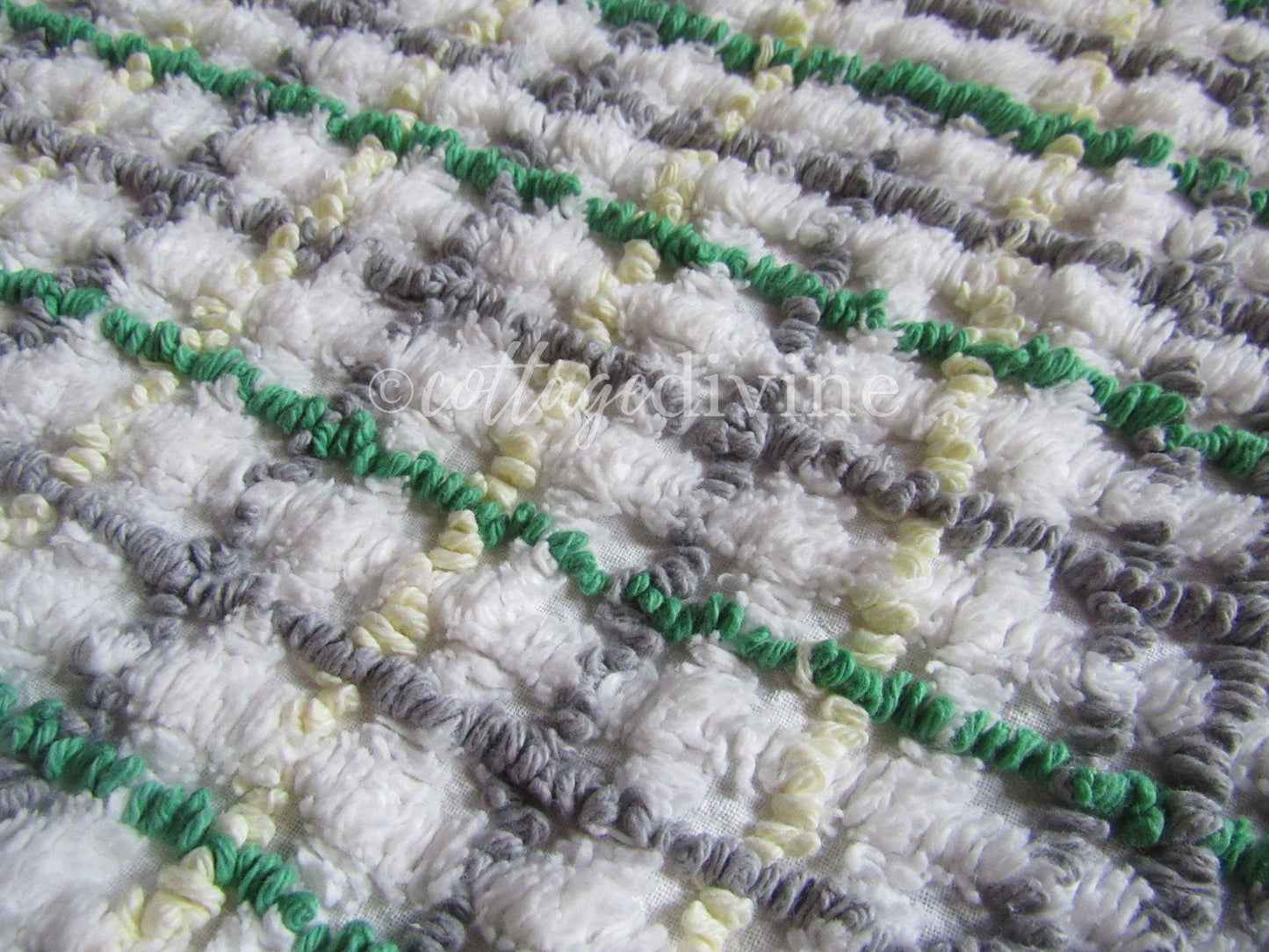 Cozy Plaid Vintage Chenille Fabric in Rustic Grey, Green, Yellow ~ 20" x 24" inch piece for Quilting & Sewing