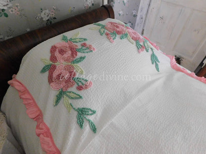 Divine Cottage Vintage Seersucker Ruffled Bedspread, Tufted with Chenille Rose Blooms, Twin/Full Size