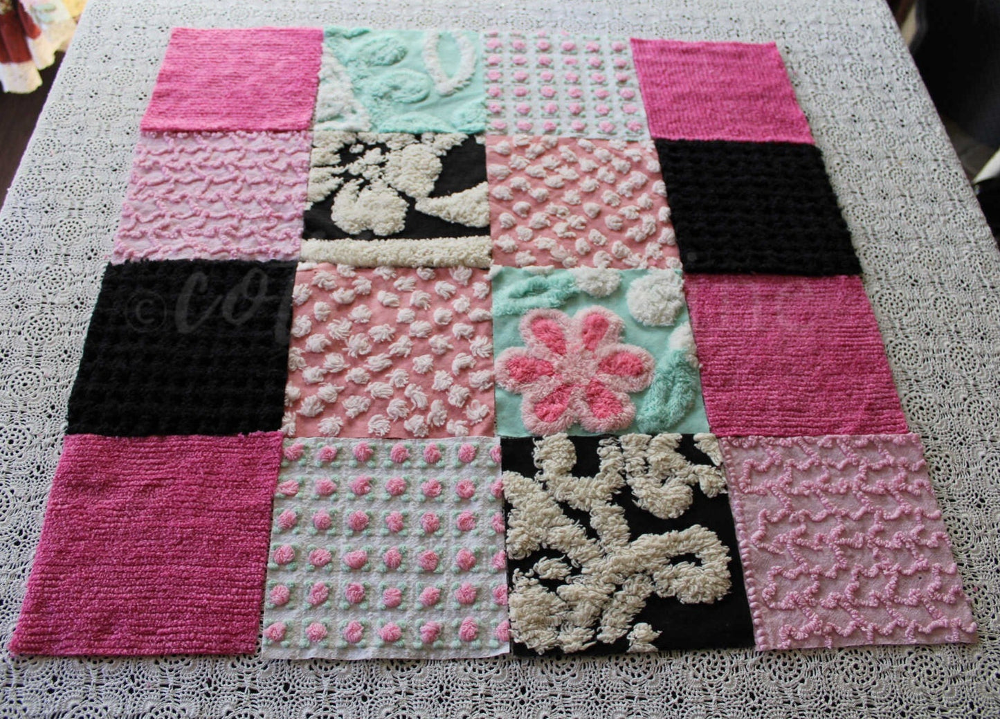 Romantic Pink Chenille Quilt Squares Set from Vintage Bedspread Fabric, 16 Blocks, 6" x 6" inch in Aqua, Pinks & Black