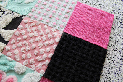 Romantic Pink Chenille Quilt Squares Set from Vintage Bedspread Fabric, 16 Blocks, 6" x 6" inch in Aqua, Pinks & Black