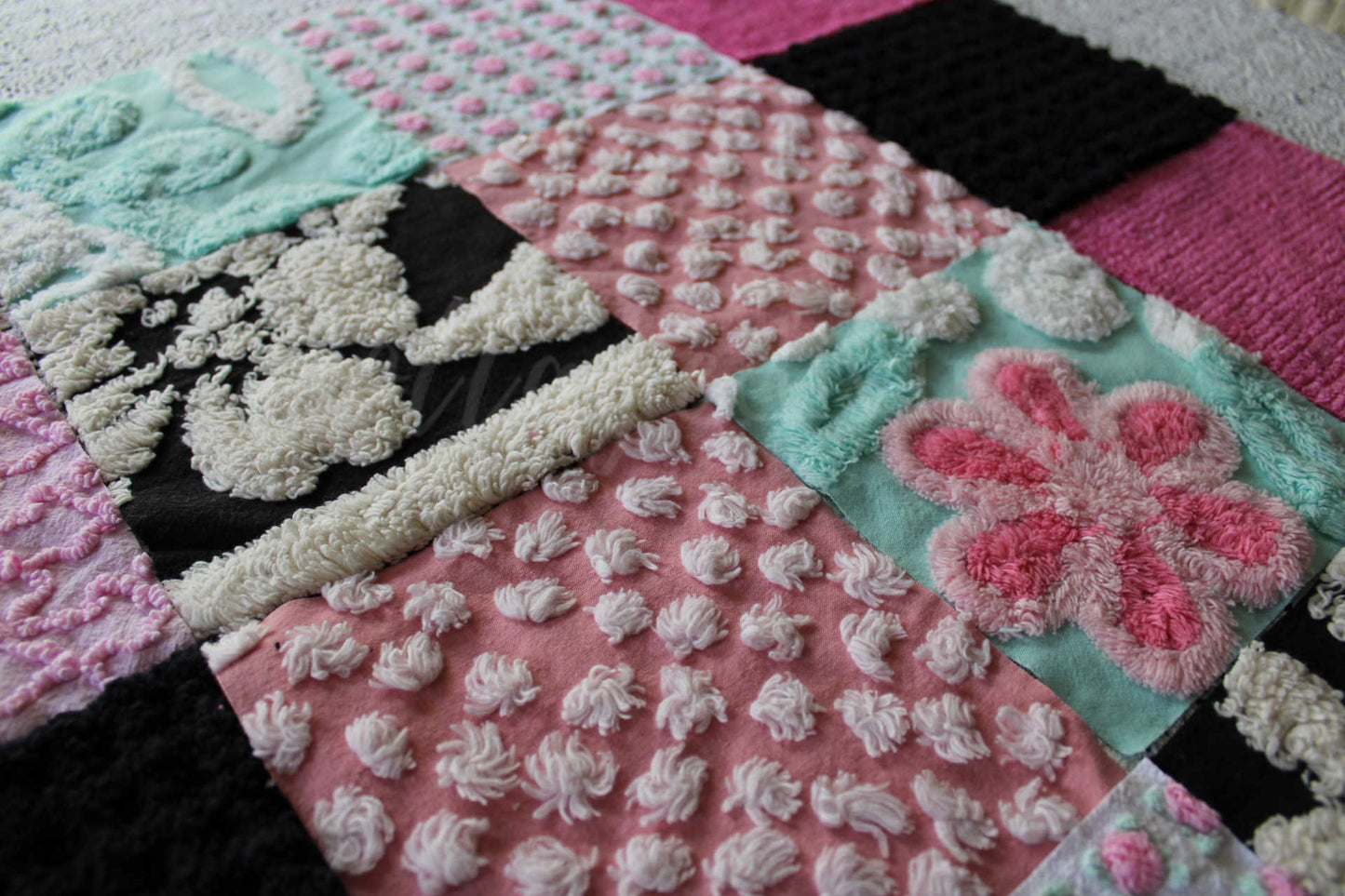 Romantic Pink Chenille Quilt Squares Set from Vintage Bedspread Fabric, 16 Blocks, 6" x 6" inch in Aqua, Pinks & Black
