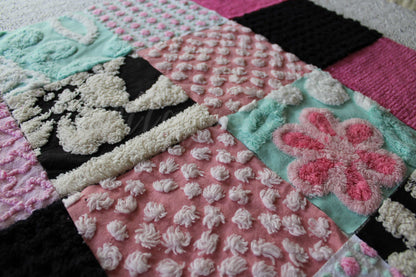 Romantic Pink Chenille Quilt Squares Set from Vintage Bedspread Fabric, 16 Blocks, 6" x 6" inch in Aqua, Pinks & Black