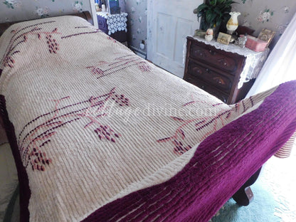 Antique Art Deco Chenille Bedspread, 1930s Vintage Cattail Print, Twin Size